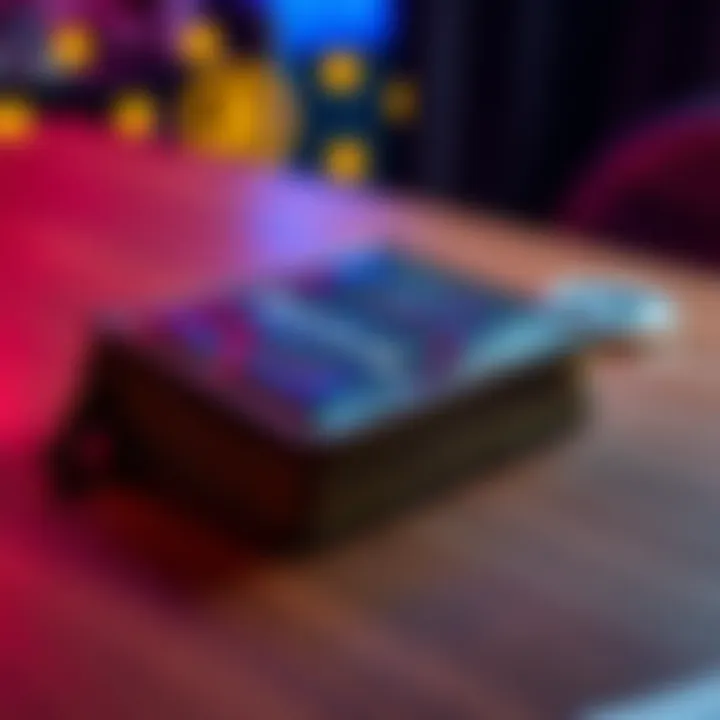 An old Bitcoin wallet laying on a wooden table, with Bitcoin symbols in the background
