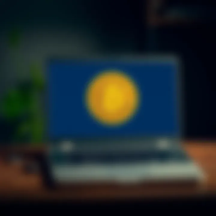 A vintage laptop sitting on a table with a Bitcoin logo displayed on the screen, representing the search for lost digital currency.