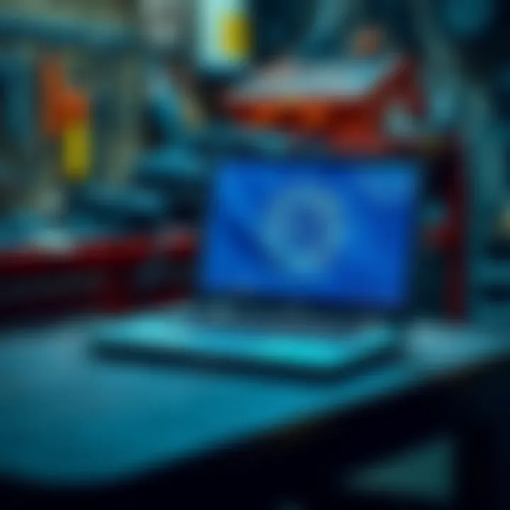 An old laptop sitting on a garage workbench, open with a Bitcoin wallet interface visible on the screen, symbolizing a found cryptocurrency wallet
