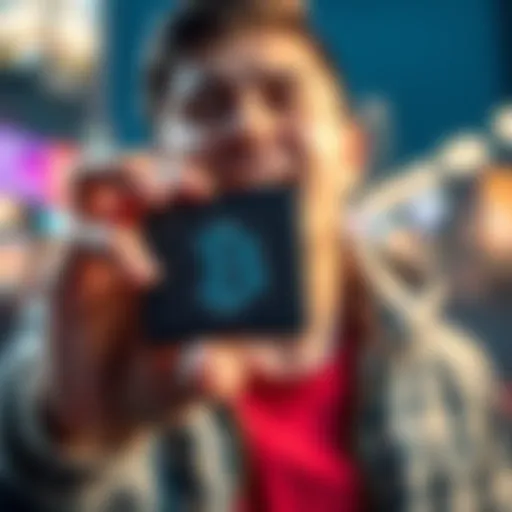 A person holding an old Nano S wallet displaying Bitcoin holdings, looking excited about cashing out
