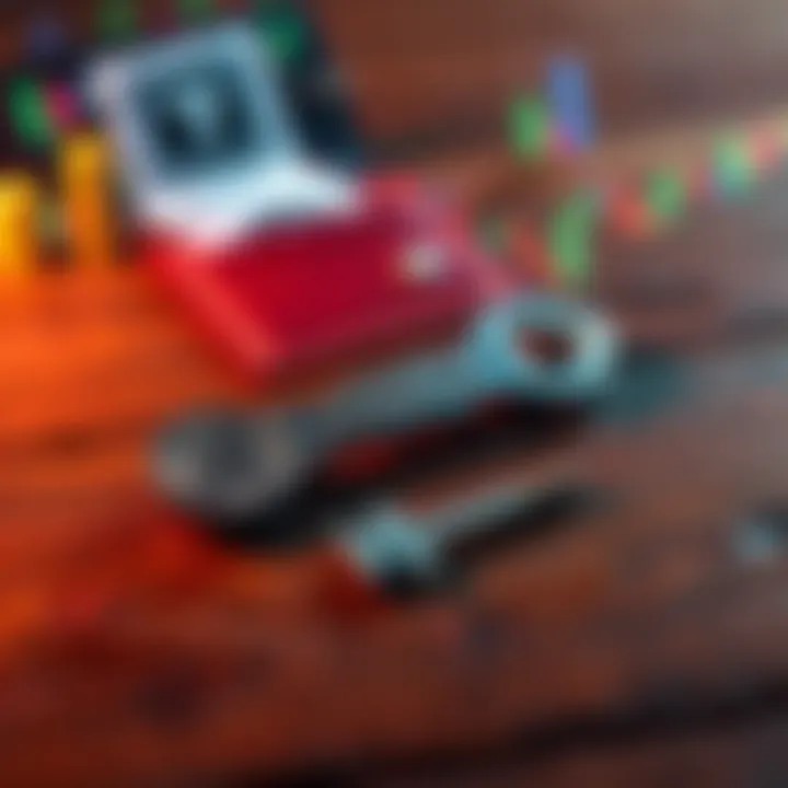 An old private key laying on a wooden table with a digital wallet graphic in the background.