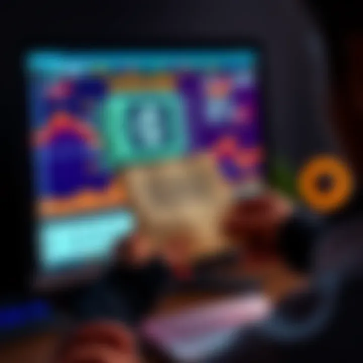 A person holding a piece of paper with a seed phrase written on it, looking at a computer screen with a cryptocurrency wallet open.