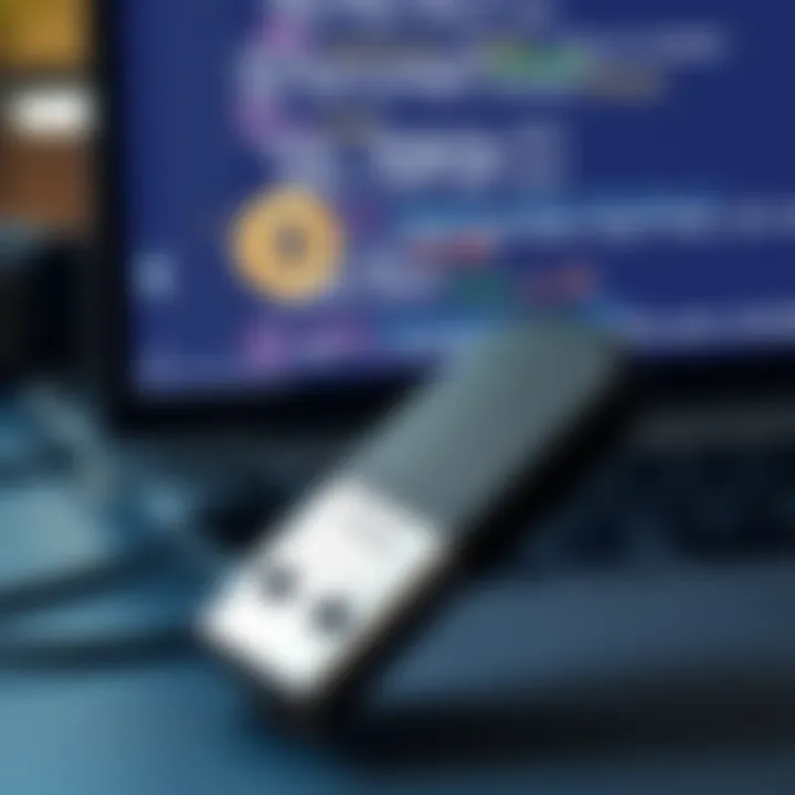 An old USB drive connected to a computer showing a notepad file with bitcoin wallet details on the screen.