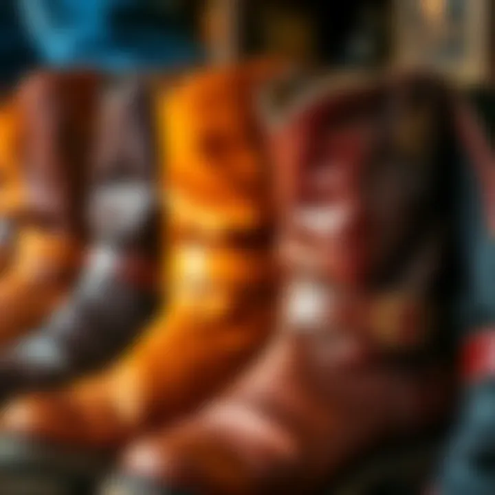 A close-up of unique Old World Russet Harness boots showing their leather texture and color variations, highlighting individual styles.