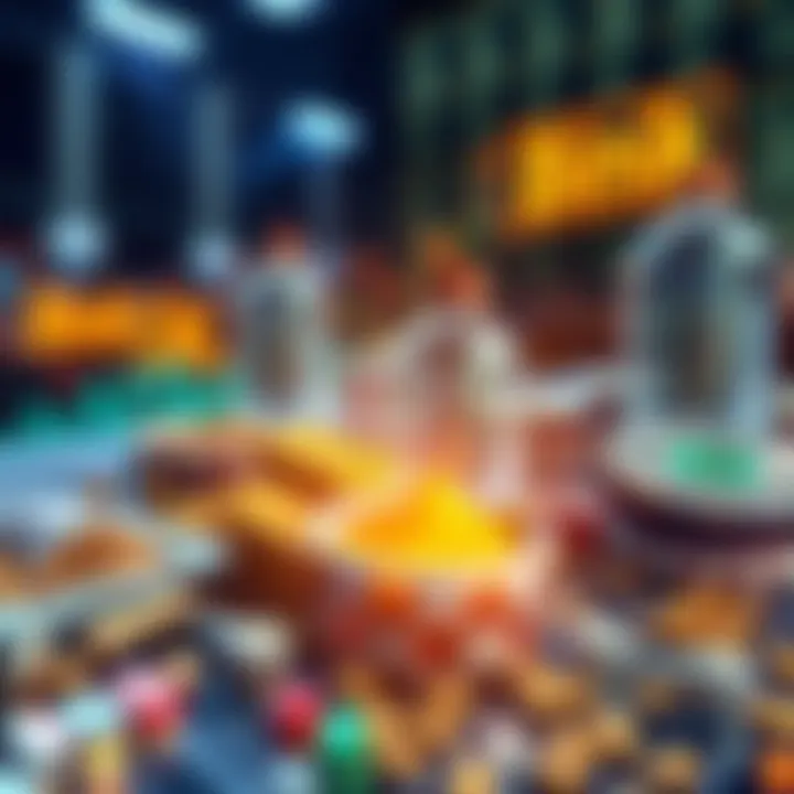 On-Chain Commodities Trading Illustration showing digital representation of oil, gold, and food commodities being traded on a blockchain platform.