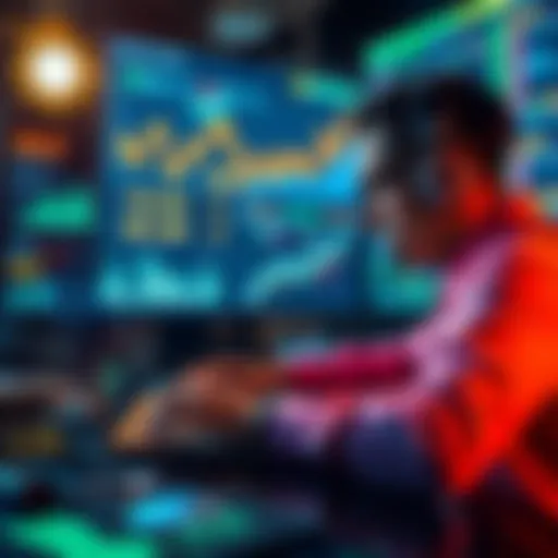 A person analyzing blockchain data on a laptop, surrounded by charts and graphs representing cryptocurrency trends.