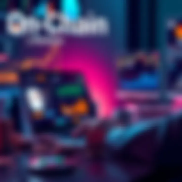 A person using a laptop to manage their finances with digital coins and decentralized finance apps, surrounded by online charts and graphs.