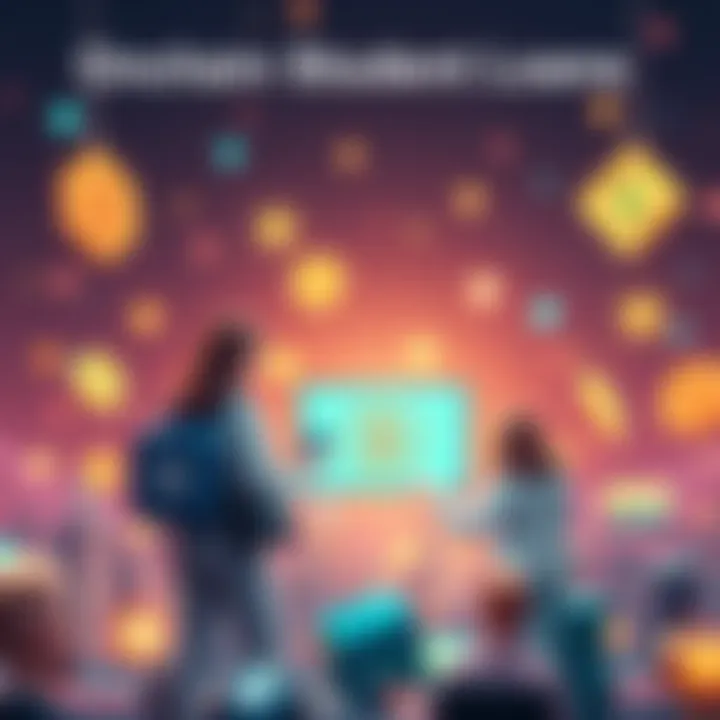 A graphic showing students accessing funds through onchain loans using blockchain technology, with symbols of education and finance.