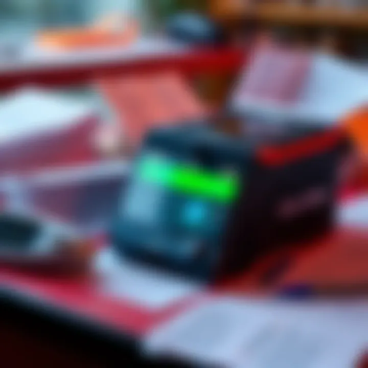 A close-up of the One Shot Miner Pro device sitting on a table surrounded by comments and reviews on paper from forums.