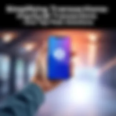 A hand holding a smartphone displaying a payment app with a one-tap transaction button