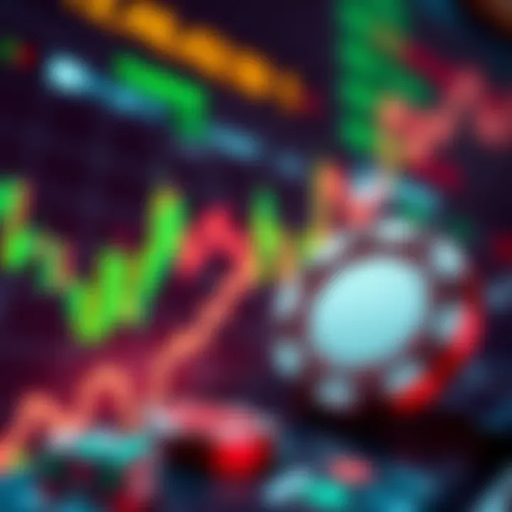 A graphic showing a stock market chart with fluctuating lines and a casino chip, symbolizing the risk and manipulation in online trading.
