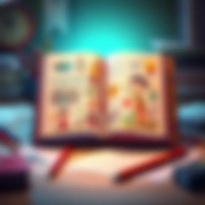 An open book displaying colorful pages filled with imaginative illustrations, surrounded by creative elements like pens and paper, inspiring storytelling