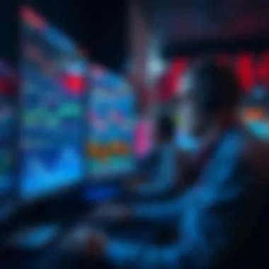 A trader analyzing options charts on multiple screens in a dark room, representing 24-hour trading activity.