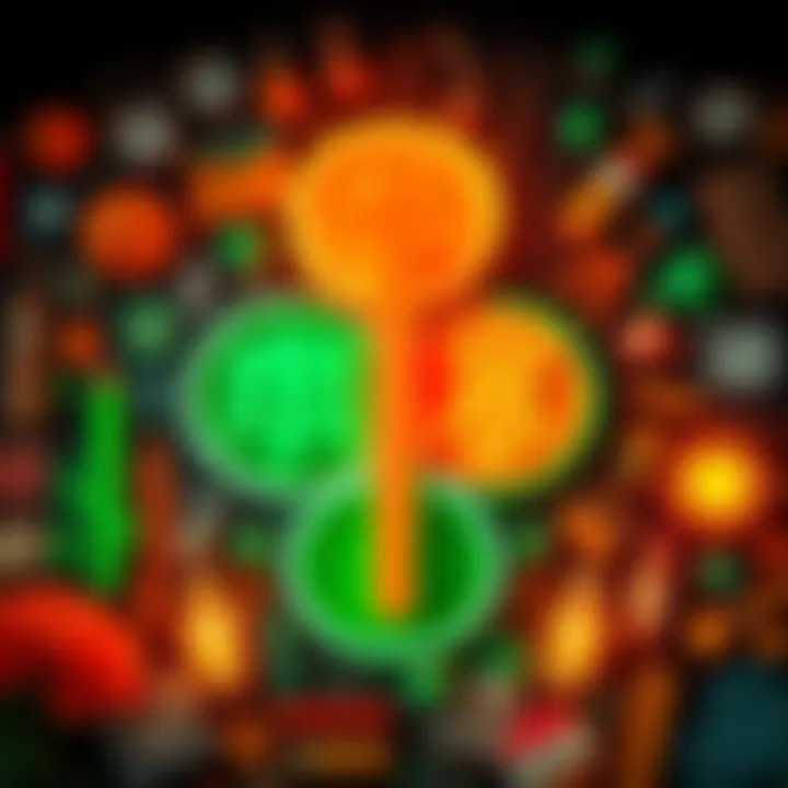 Two symbols representing orange and green colors surrounded by cultural icons