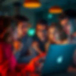 A group of people expressing concern while looking at surveys on a laptop, showcasing skepticism and caution.