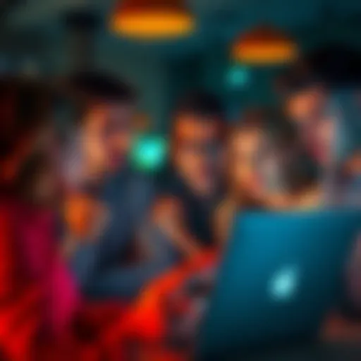 A group of people expressing concern while looking at surveys on a laptop, showcasing skepticism and caution.