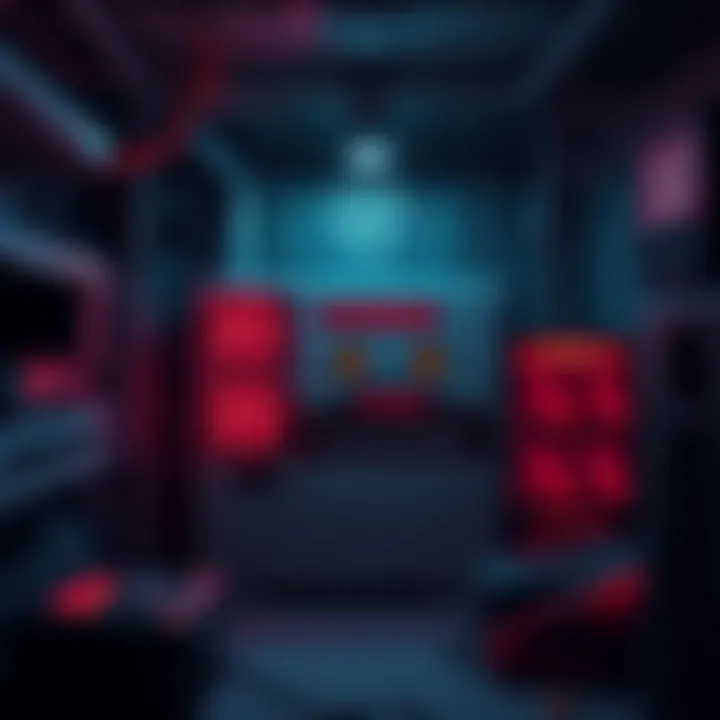 A power box with warning signs indicating overheating risks, set in a dimly lit room with mining equipment around.