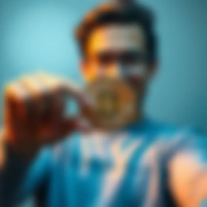 A person holding a physical Bitcoin, looking proud and satisfied, representing their achievement in cryptocurrency investment.