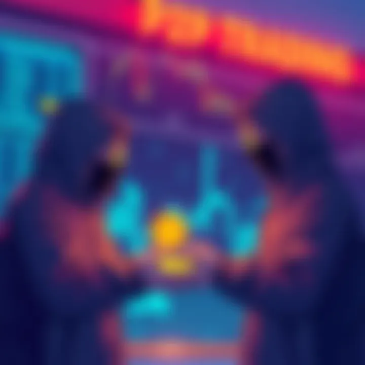 P2P Bitcoin Trading Concept A digital illustration showing two people exchanging Bitcoin on a P2P platform with a focus on anonymity.