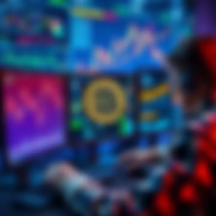 A person trading Bitcoin on a computer, showcasing various P2P exchange platforms with graphs and charts in the background.