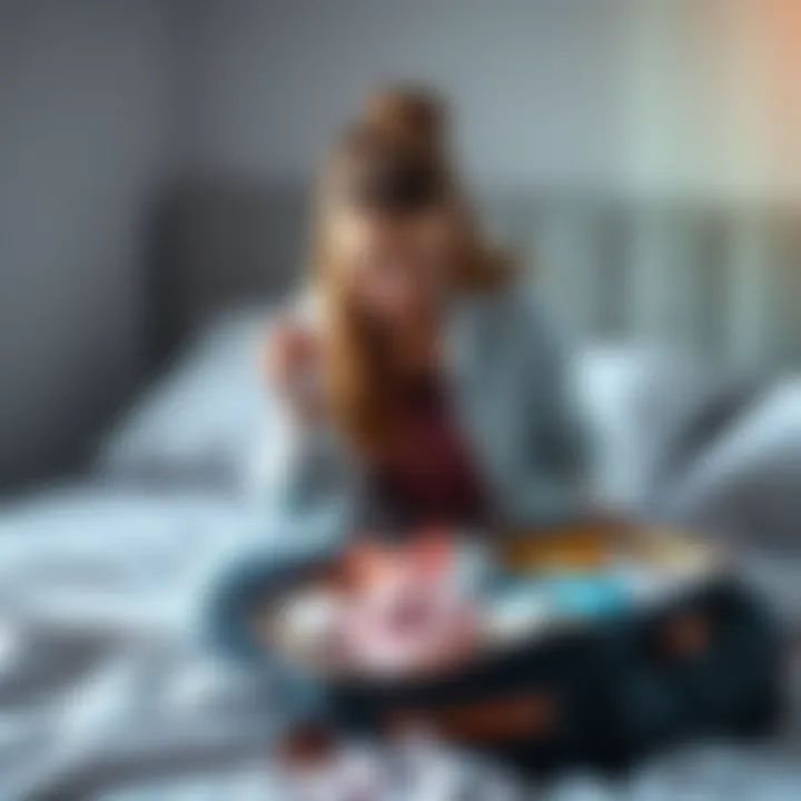 A new mom packs a hospital bag with baby clothes, toiletries, and personal items while sitting on her bed.
