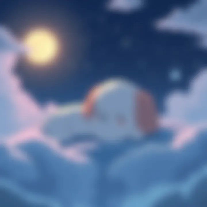 Padfoot in a calm night setting A gentle scene featuring Padfoot, a fluffy dog-like character, resting peacefully under a starry sky. The background shows soft clouds and a glowing moon, emphasizing the tranquil atmosphere.