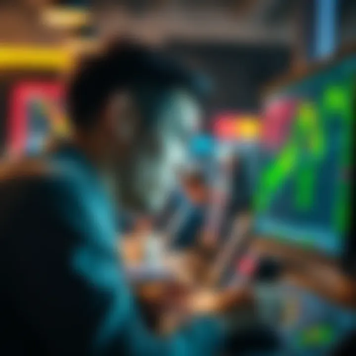 A person looking stressed while watching stock graphs on a computer screen, showing signs of panic buying during trading hours.