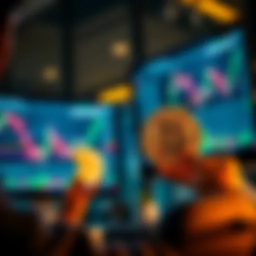 A person anxiously looking at stock market charts on a computer screen while holding a Bitcoin symbol in hand, showing mixed emotions.