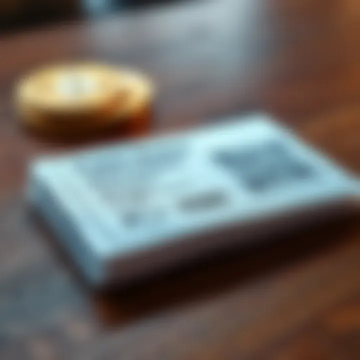 Paper wallet for cryptocurrency storage A secure paper wallet displaying seed phrases and QR codes for cryptocurrency storage, placed on a wooden table.
