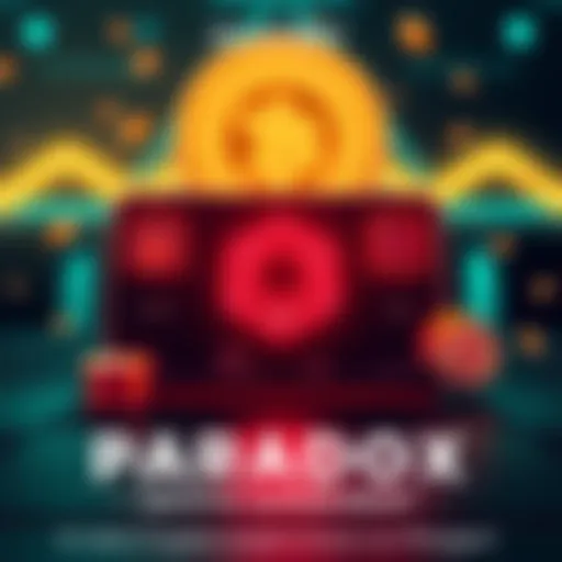 A visual representation of the Paradox cryptocurrency experiment on the Polygon Network, featuring icons for Hoard, Burn, and Exit choices, with a digital graph indicating token value changes over 30 ...