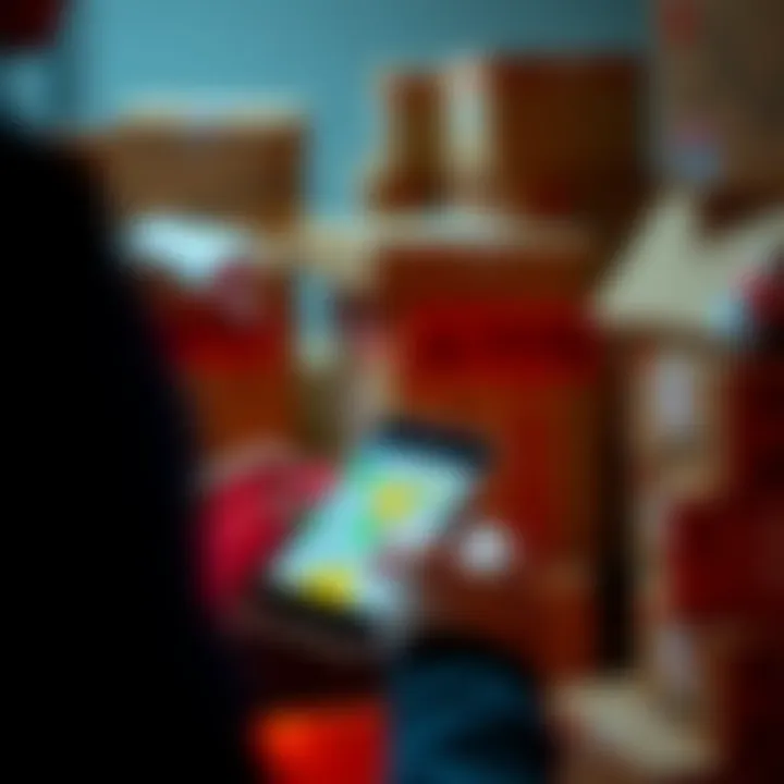 A person using a smartphone to track a parcel on a delivery app with a background of packages
