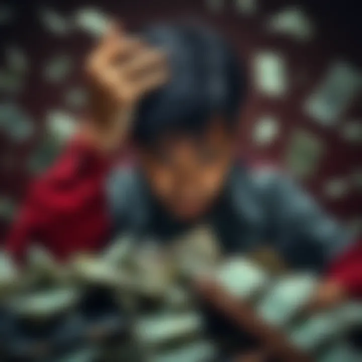 A distressed parent holding their head in despair, surrounded by bills and empty wallets, symbolizing loss from a crypto scam.