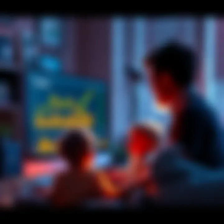 A parent looking at a computer screen displaying Polkadot cryptocurrency charts, with their children playing in the background, showing a hopeful future investment.