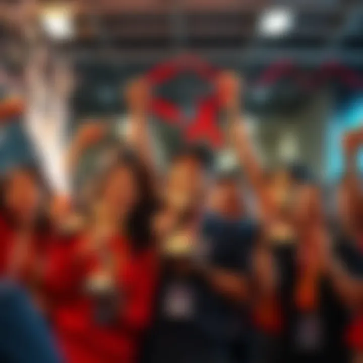 Group of participants celebrating their achievements at the end of the monthly challenges, showcasing trophies and medals with smiles and excitement