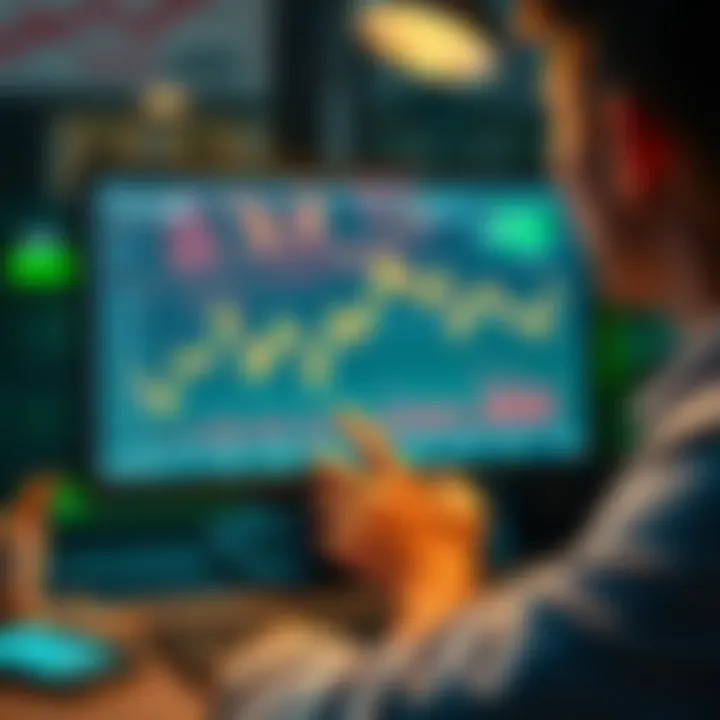 Challenges of Passive Income in DeFi A person looking at a chart on a computer screen showing falling returns from liquidity providing in DeFi, with symbols of money and frustrations around them.