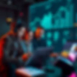 A group of people discussing decentralized finance strategies on laptops with graphs showing growth and income