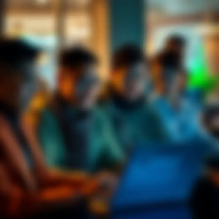 A group of diverse people discussing decentralized finance strategies while looking at a laptop with graphs on the screen.