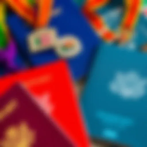 A collection of colorful passports next to medals and badges, symbolizing travel achievements and future goals.
