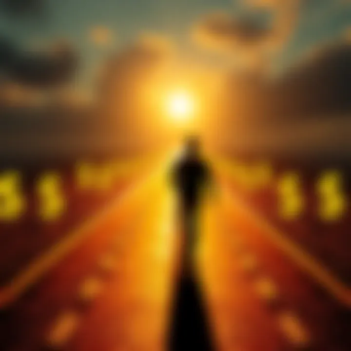 A person confidently walking down a golden road with dollar signs along the sides, symbolizing journey to wealth in 2026.