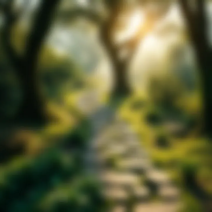 A winding path symbolizing the journey of ideas transforming over time, surrounded by greenery and sunlight