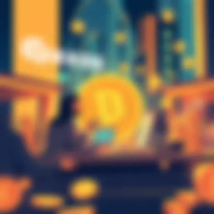 An illustration showing institutional investors engaging with Dogecoin, highlighting growth in cryptocurrency access, featuring the Dogecoin logo and symbols of finance.