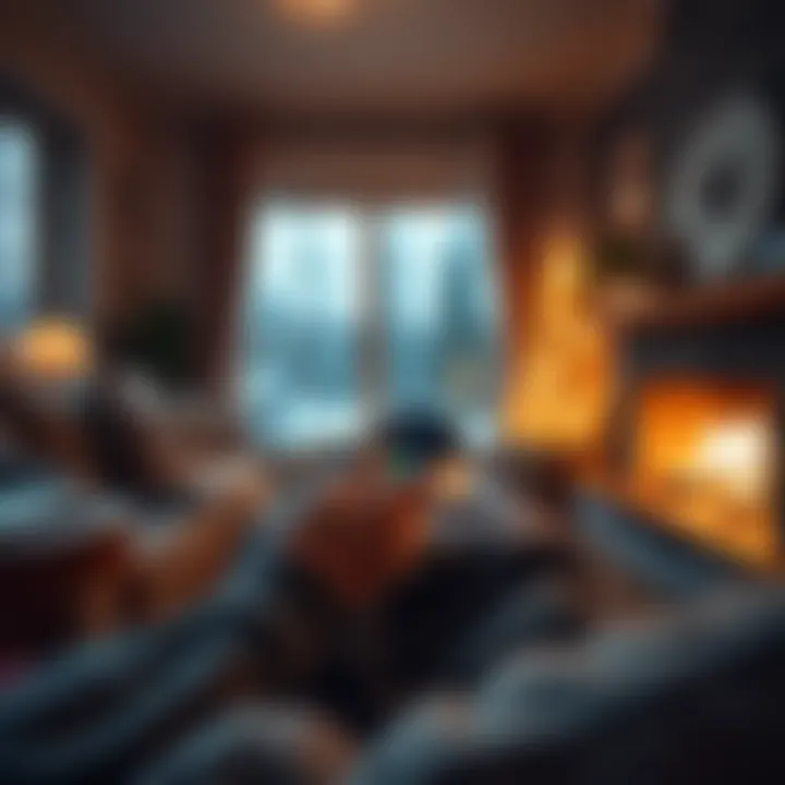A person using a smartphone to pay heating bills with Bitcoin while sitting in a cozy living room