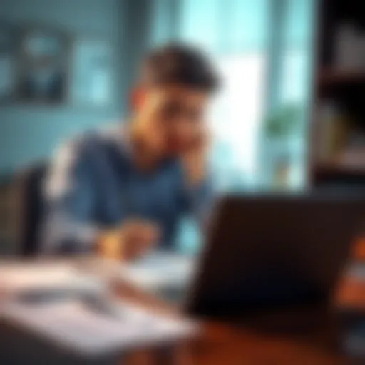 A person looking puzzled while filling out payee registration forms at a desk with a laptop and documents