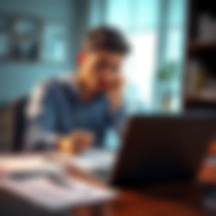 A person looking puzzled while filling out payee registration forms at a desk with a laptop and documents