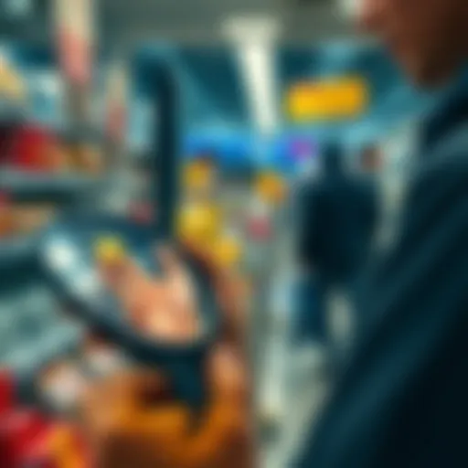 A person using a smartphone to pay for items at a store checkout with cryptocurrency, showing the transaction process on the screen.