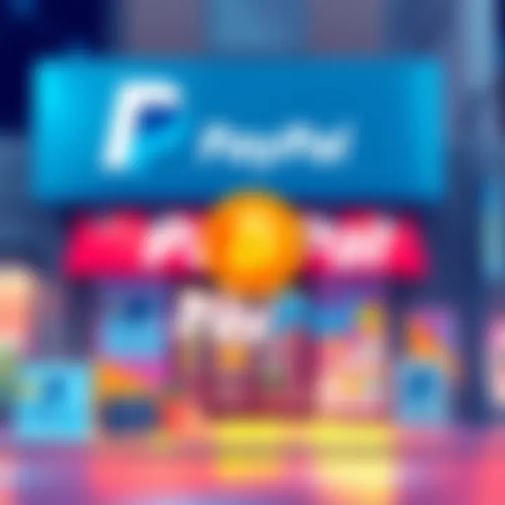 Illustration of a PayPal logo with Solana cryptocurrency symbol and a storefront