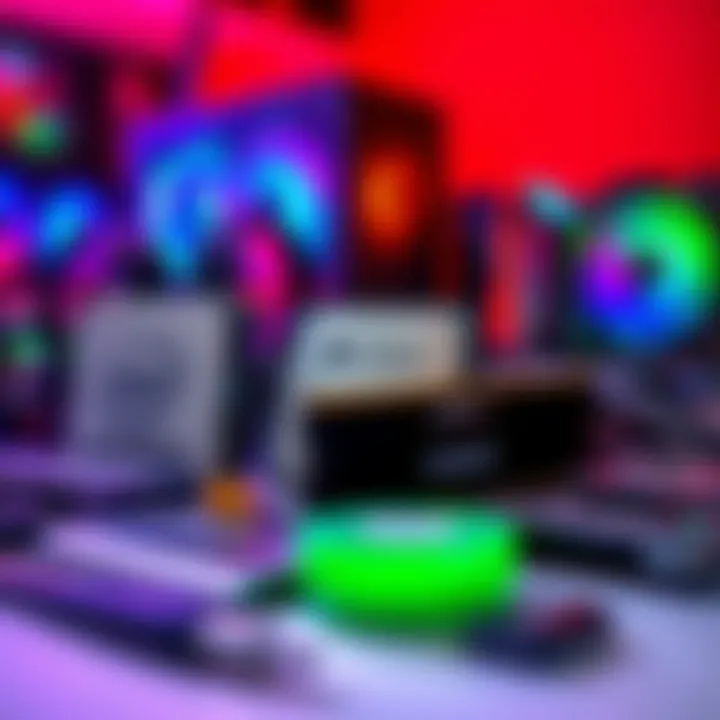 A collection of PC components including an i9-14900kf processor, Corsair RAM, and a motherboard displayed on a table.