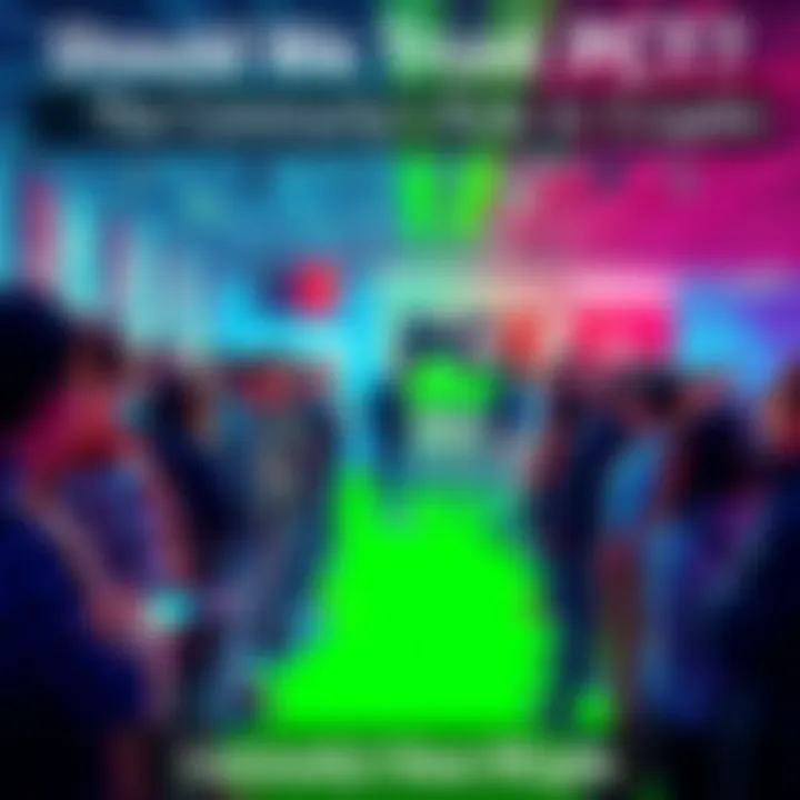 A diverse group of people discussing crypto projects and technology at a public event, showcasing community engagement