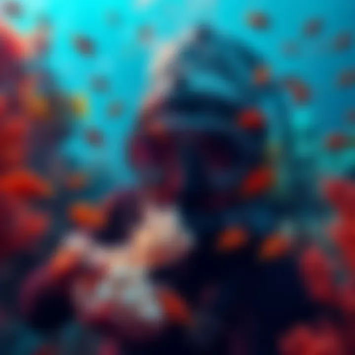 A diver collecting pearls underwater surrounded by colorful marine life