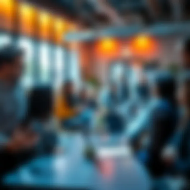 A diverse group of people engaging in discussions about peer-to-peer services in a community setting in Canada